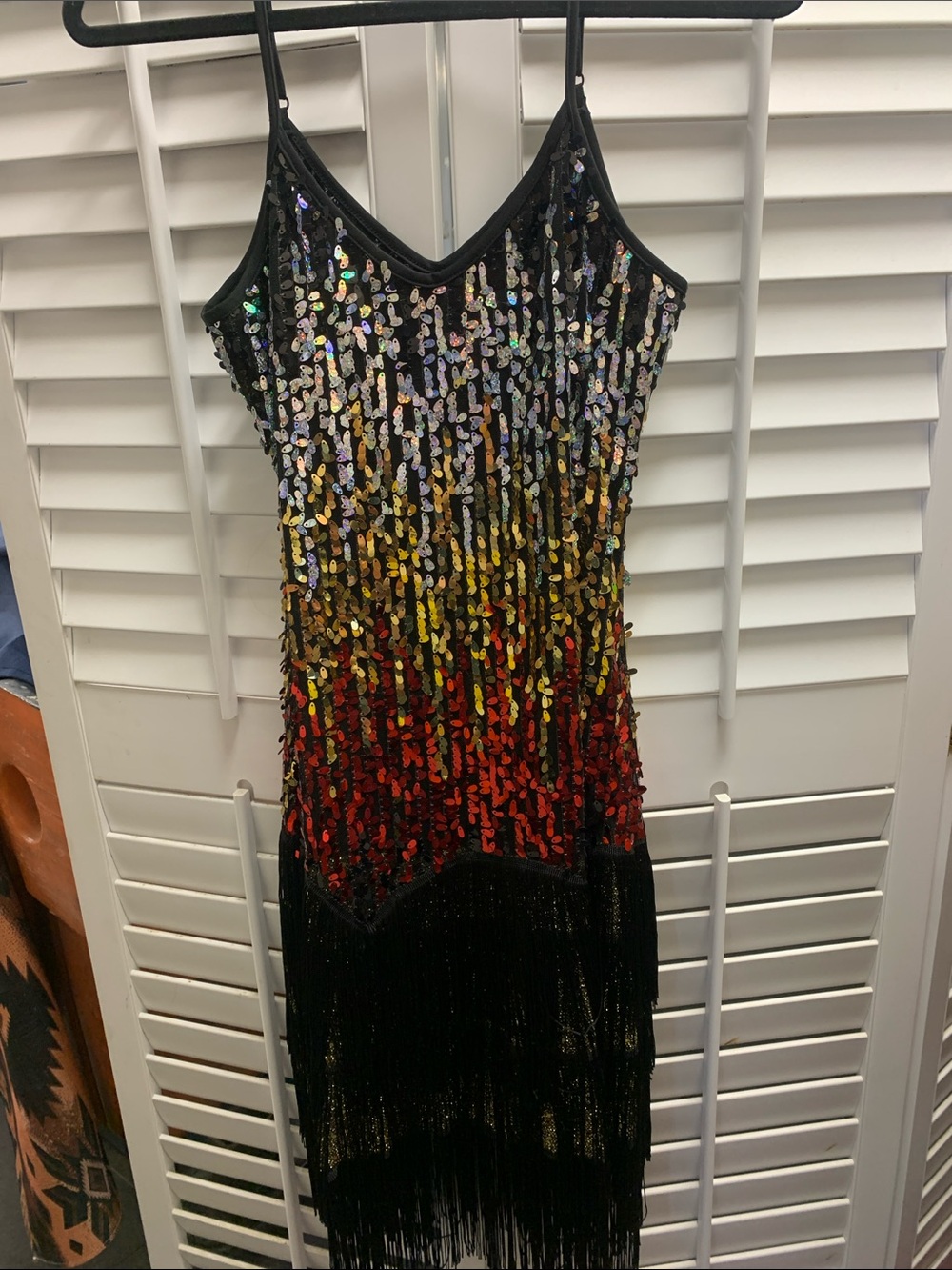 Black Sequin Ombre Fringe Spaghetti-Strap Dress